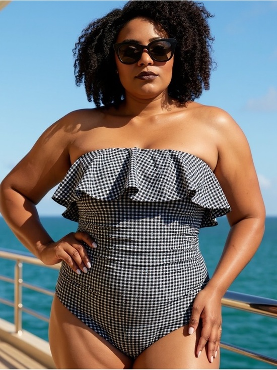 Kona Sol Other - Kona Sol Navy & White Gingham Seersucker Ruffle Bandeau One-Piece Swimsuit